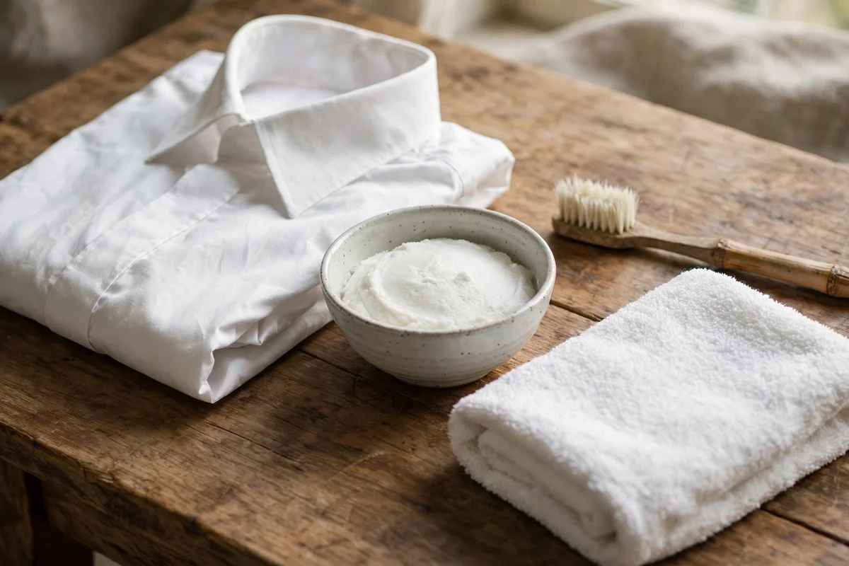 Folded white dress shirt with a small bowl of detergent paste and an old toothbrush beside it