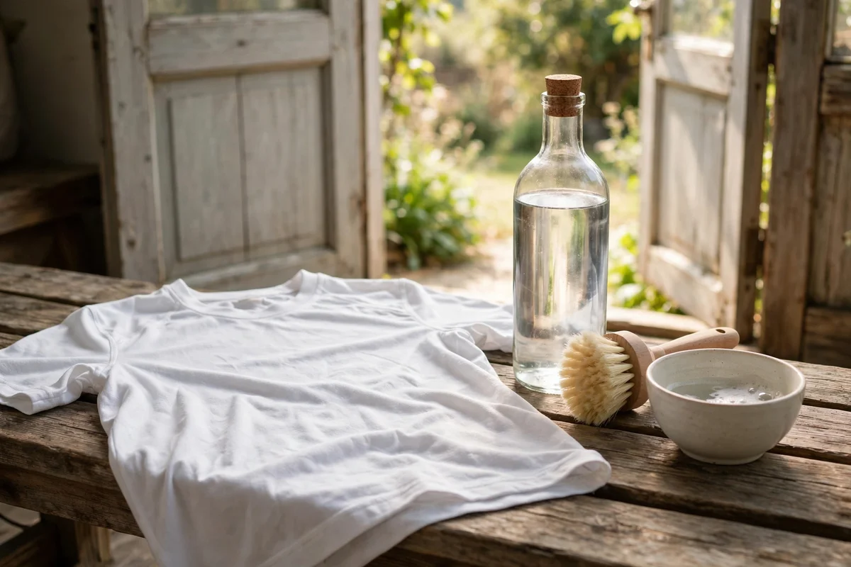 White sports shirt beside a bottle of white vinegar and a soft brush on a wooden bench
