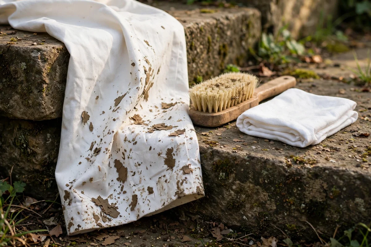 Dried mud flakes on a white trouser leg beside a stiff laundry brush on a stone step