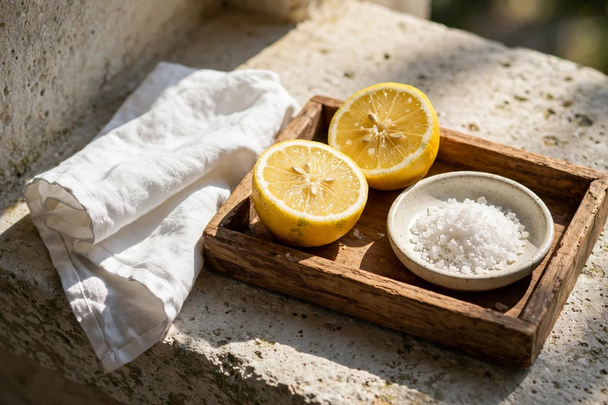 Halved lemons and a small dish of salt beside a white cloth laid in a patch of sunlight