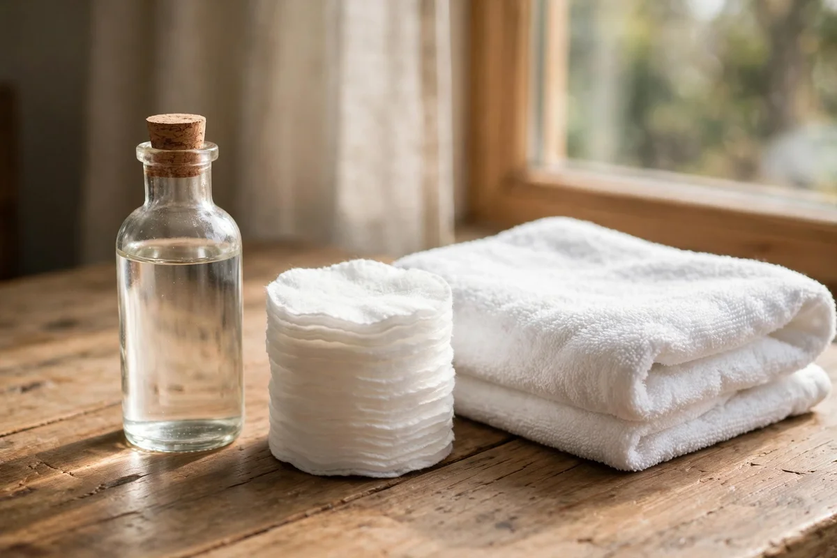 Small bottle of rubbing alcohol, cotton pads and a folded white towel on a wooden table