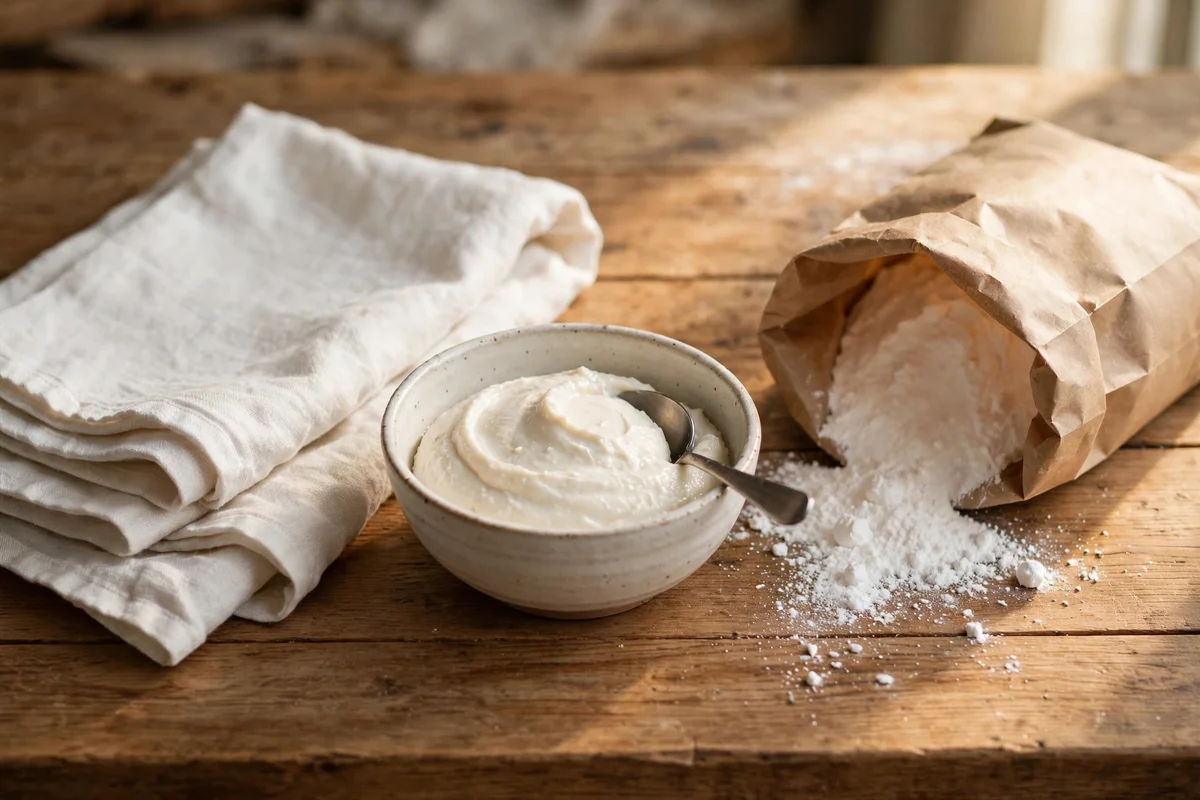 Small bowl of baking soda paste with a spoon beside a white tablecloth on a kitchen counter