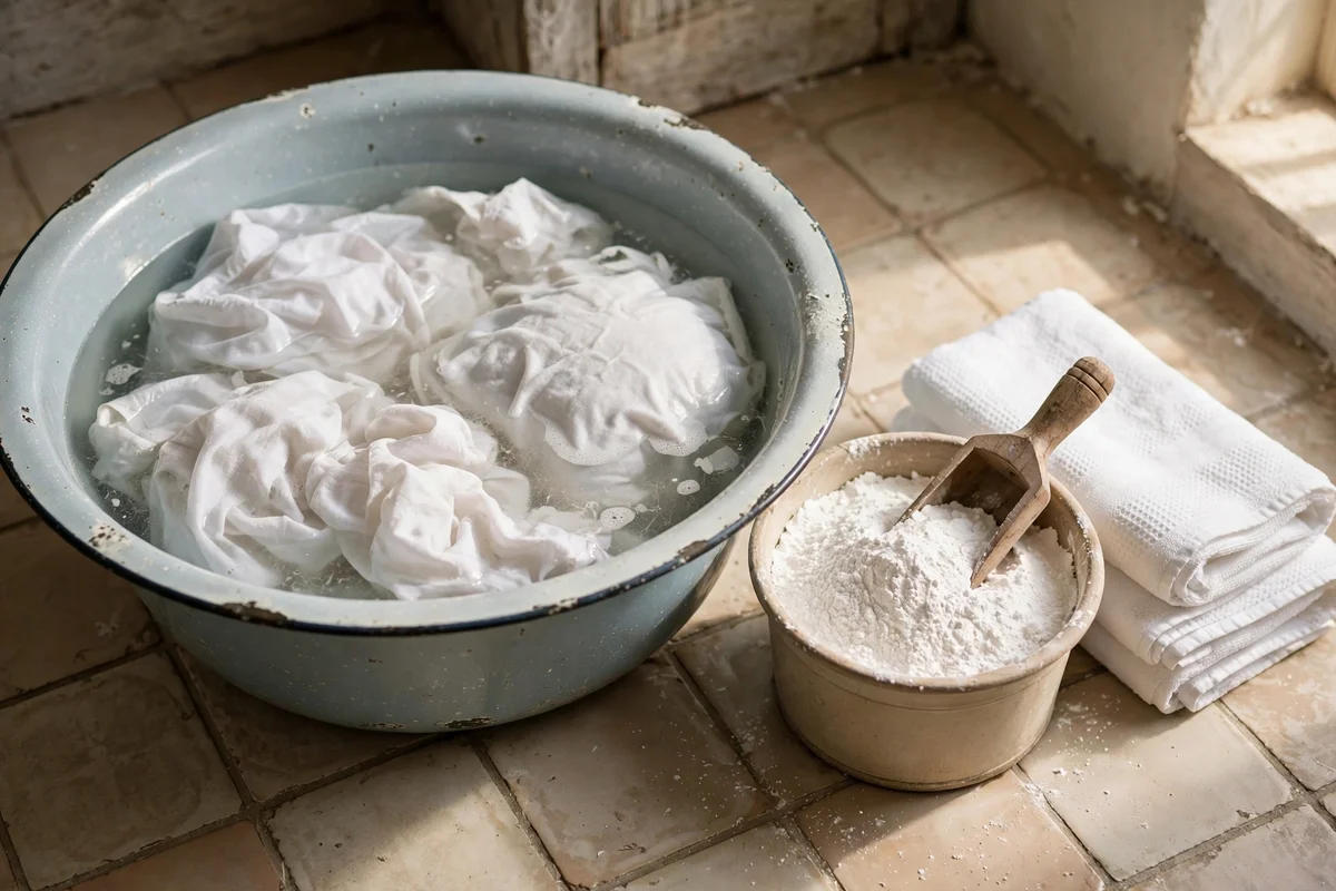Large basin of water with white garments soaking and an open tub of oxygen bleach powder beside it