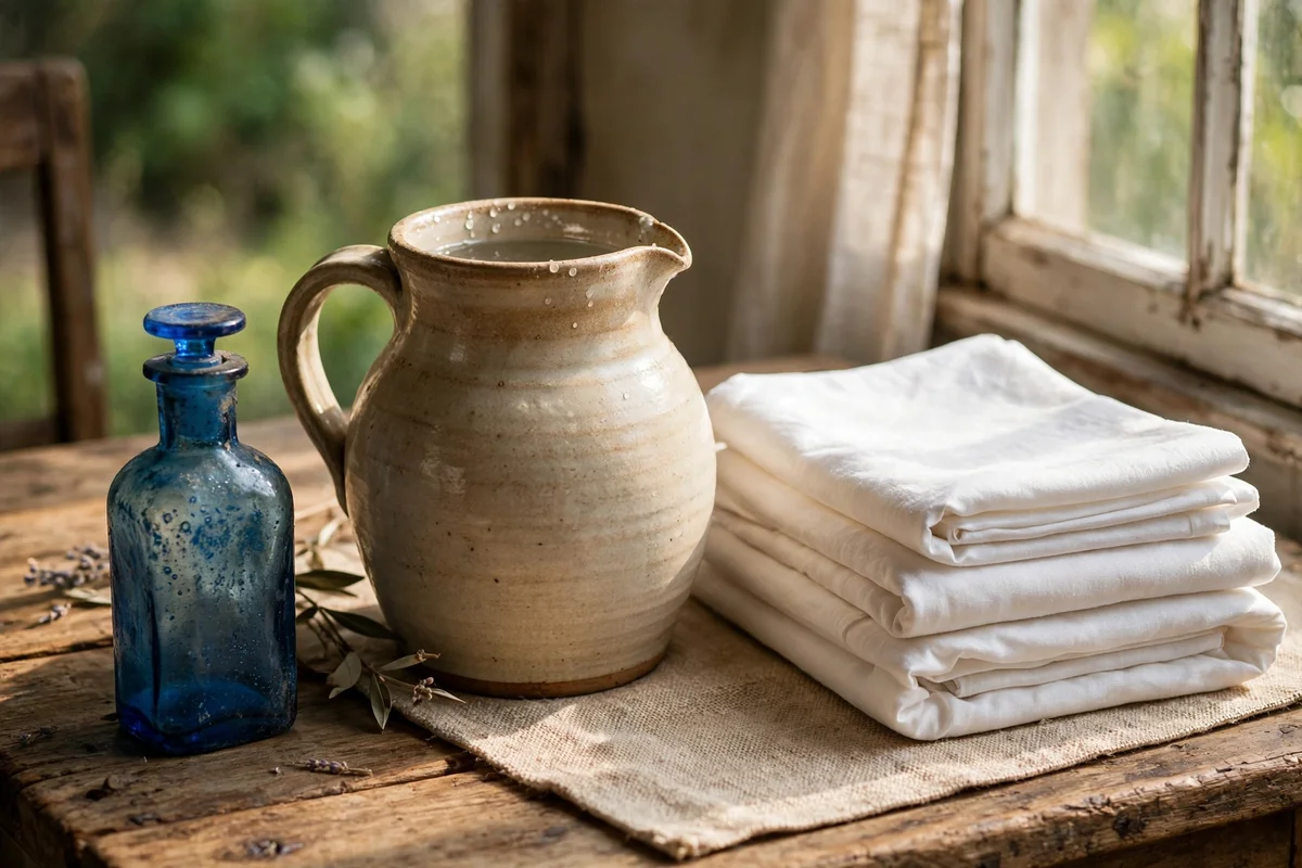Small vintage-style bottle of laundry bluing beside a jug of water and folded white sheets