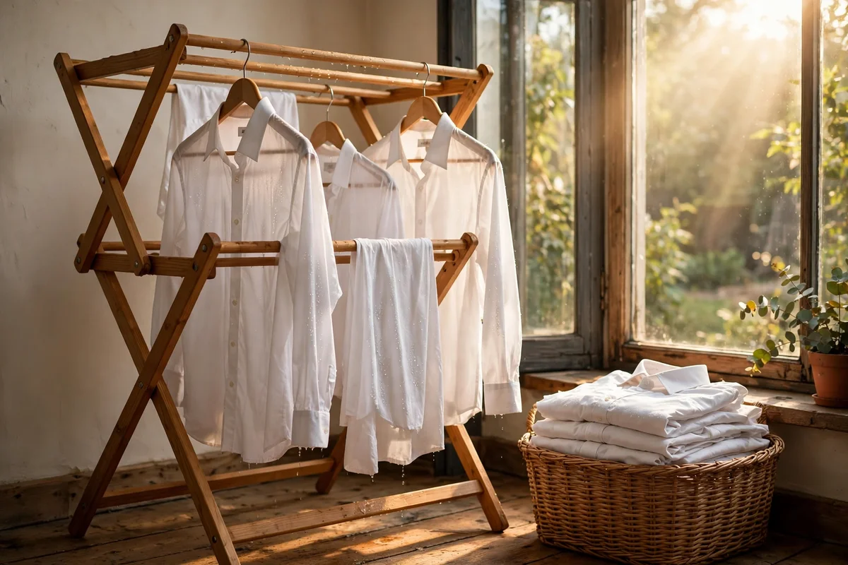 White shirts hanging damp on a wooden airer in a patch of warm sunlight by a window