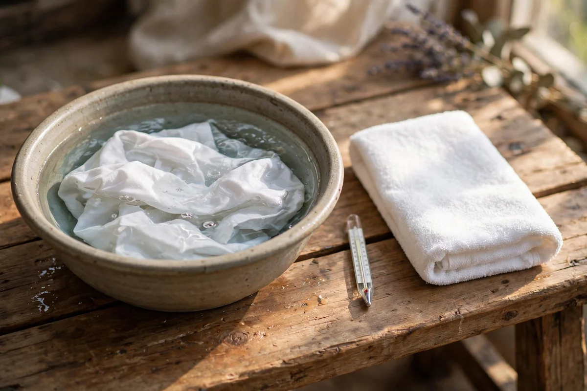 Basin of cool clear water with a white garment and a small thermometer card beside it
