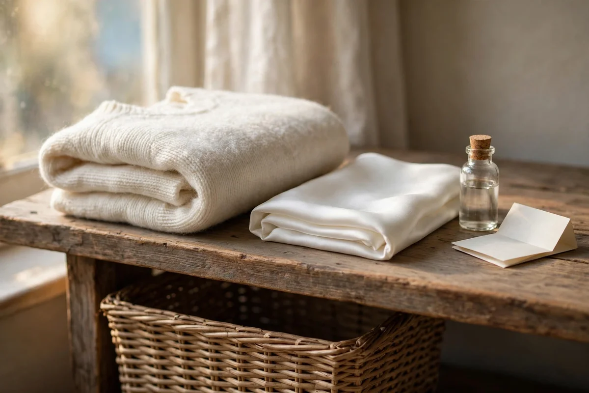 Folded white woollen jumper and silk scarf with a crossed-out bleach bottle symbol drawn on paper nearby