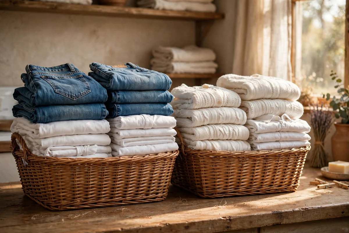 Two woven laundry baskets, one with sturdy white cottons and one with delicate white knits
