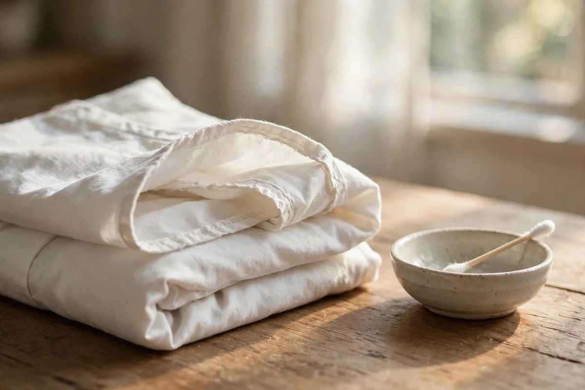Folded white garment turned to show an inside seam with a cotton swab and small dish beside it
