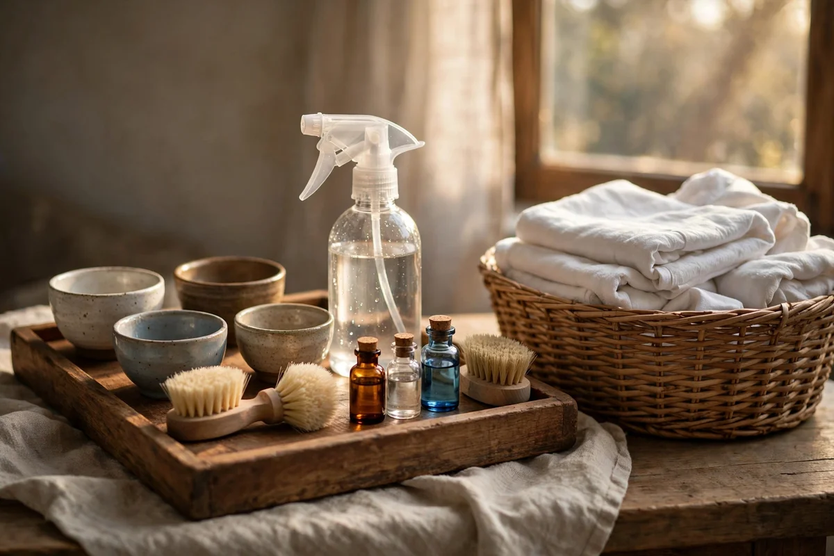 Wooden tray holding small bowls, spray bottle, brushes and labelled bottles beside a laundry basket