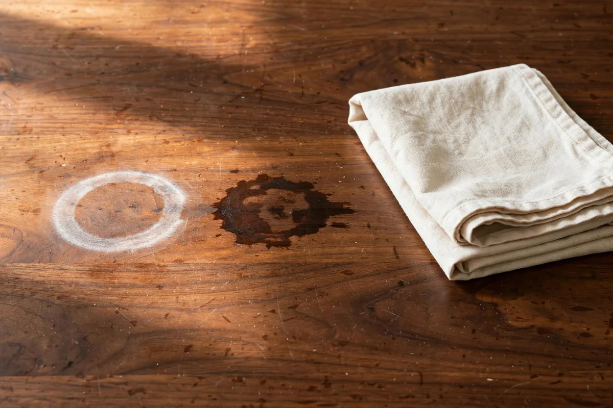 White ring and dark stain compared on a walnut dining table top