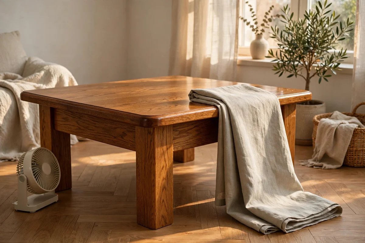 Oak table air-drying with runner lifted and a small fan nearby