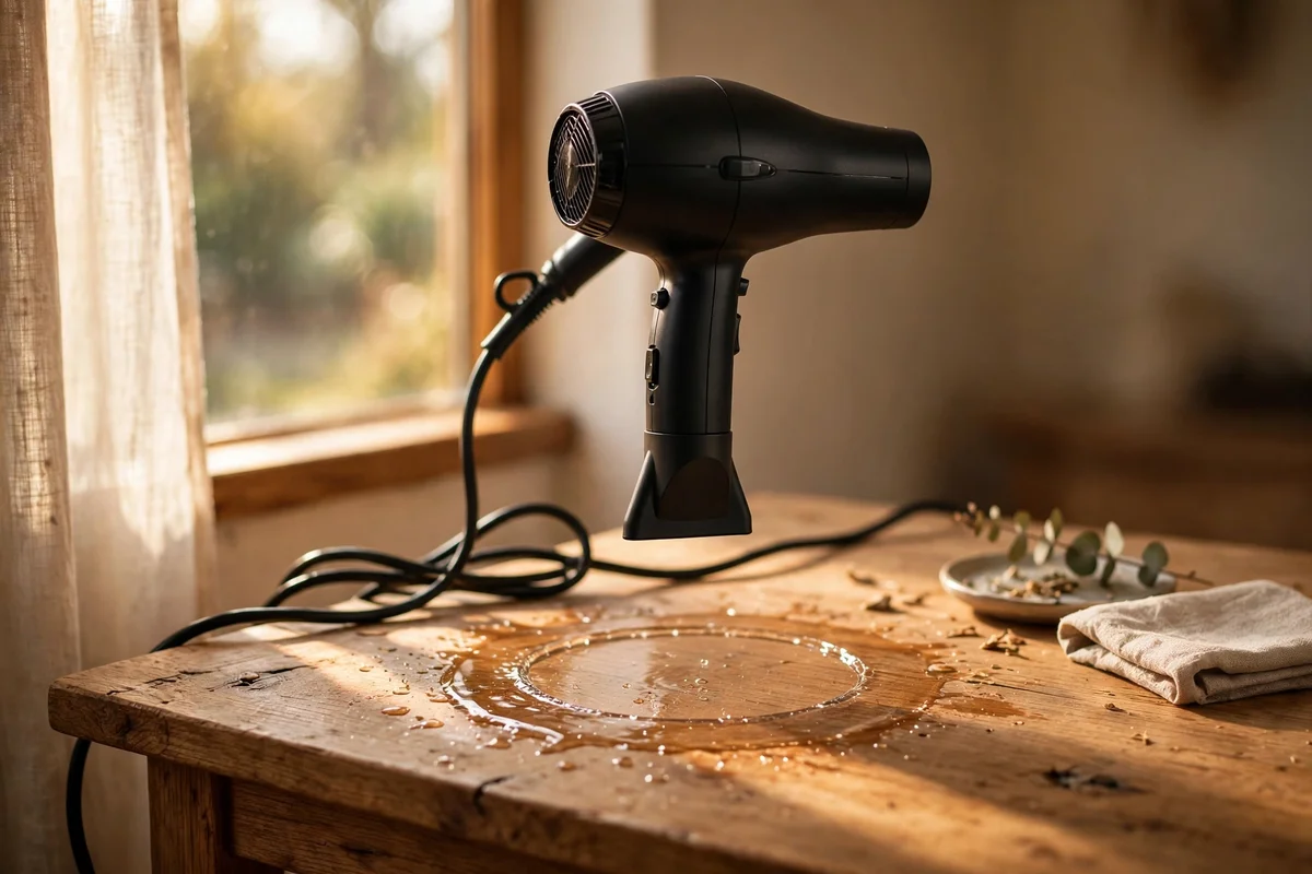 Hair dryer warming a white water ring on a wooden side table
