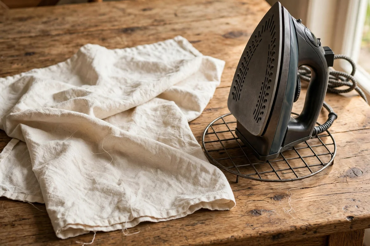 Iron upright on a trivet beside a cloth-covered wooden table