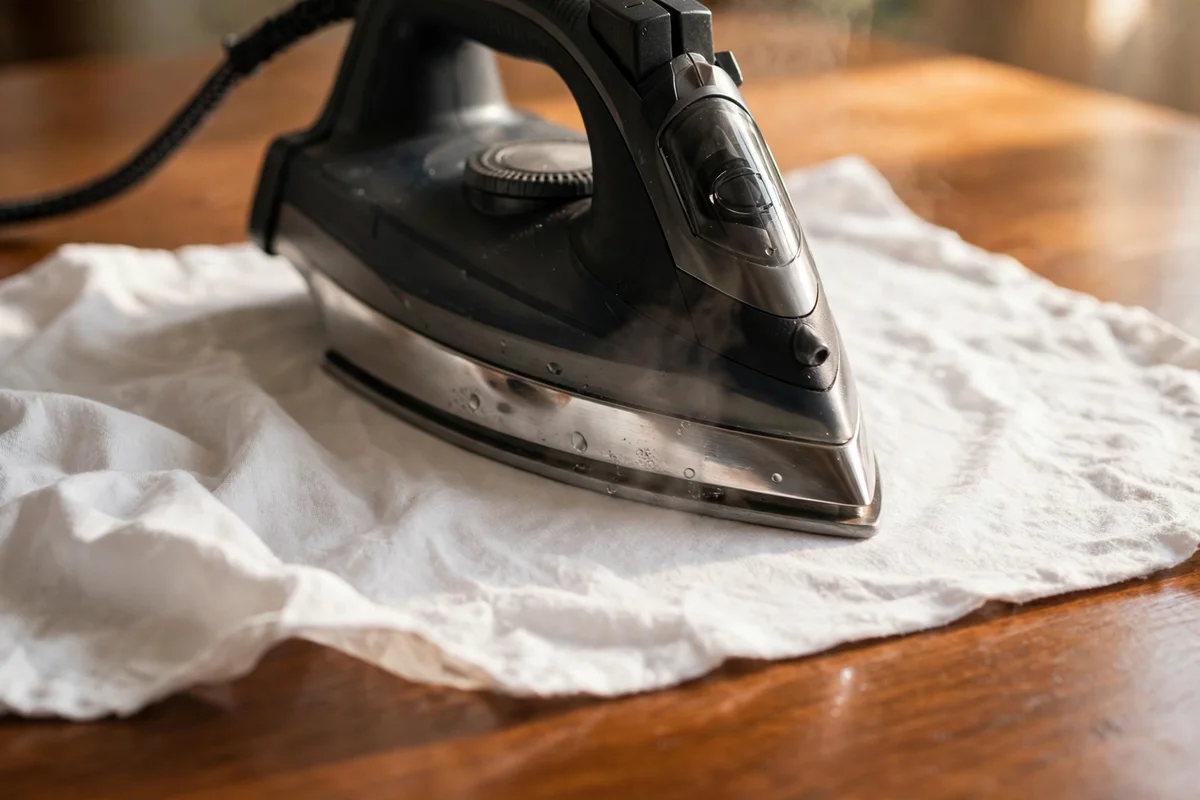 Iron gliding over a cloth on a polished wooden table