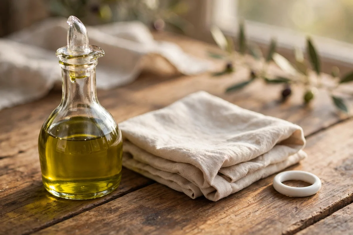 Olive oil cruet and cotton cloth beside a white ring on wood
