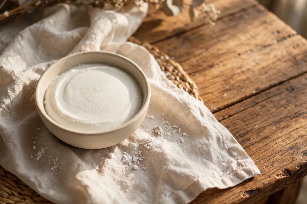 Bowl of baking soda paste beside a wooden table
