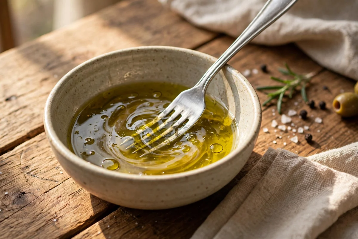 Bowl of mixed vinegar and olive oil beside a wooden table