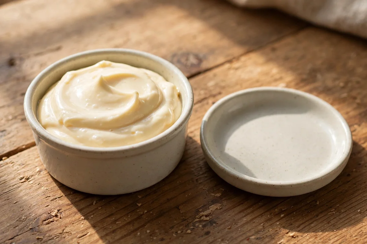 Dish of plain mayonnaise with a saucer on a wooden table