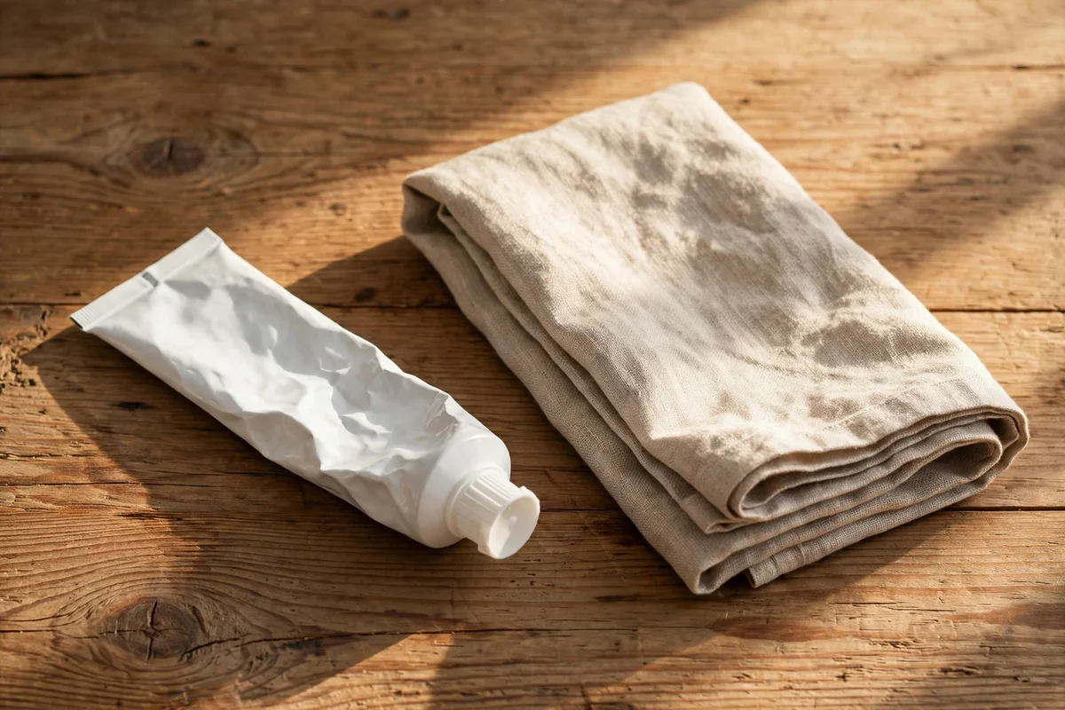 Plain white toothpaste tube and cloth on a wooden tabletop