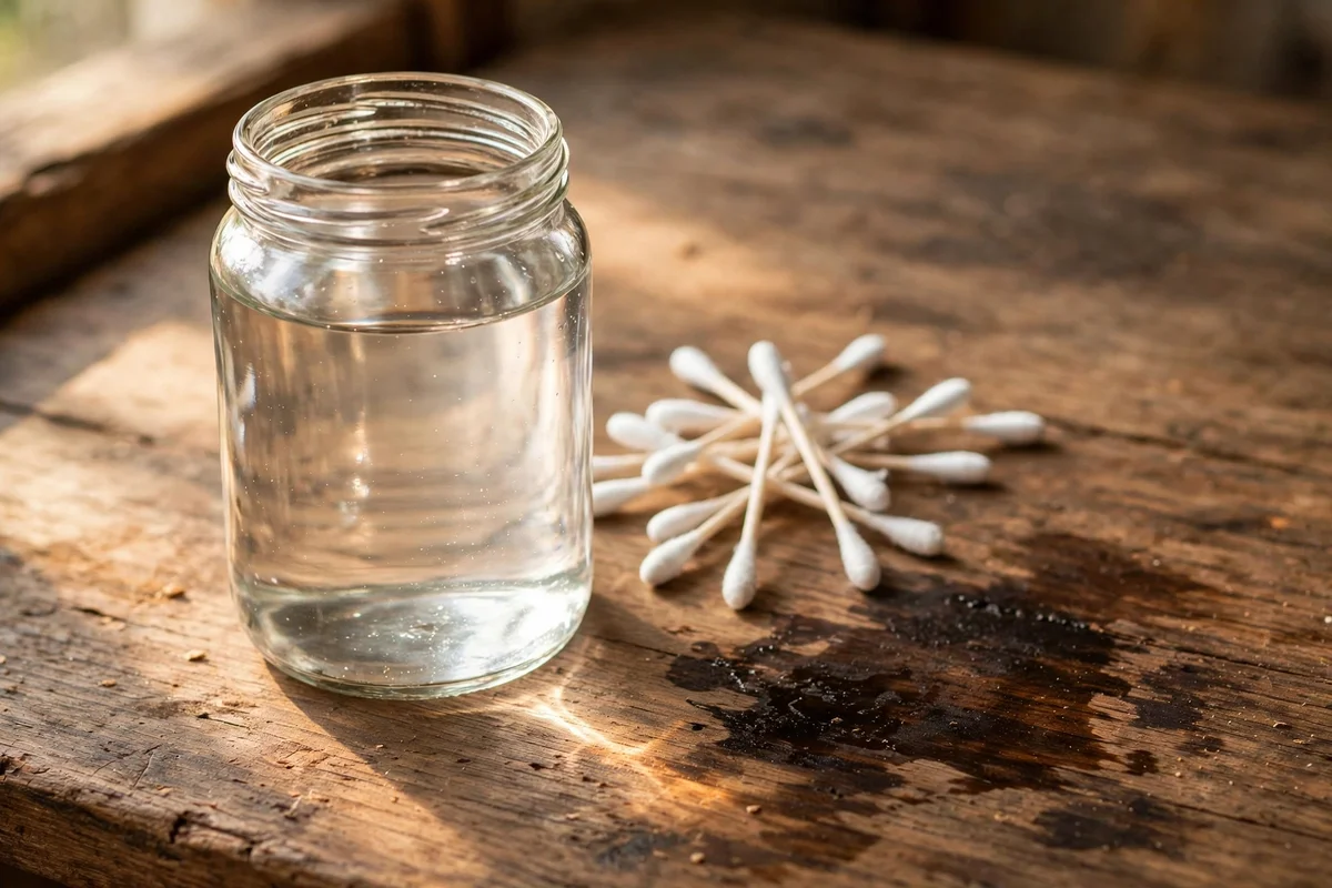 Glass jar and cotton swabs beside a dark stain on wood