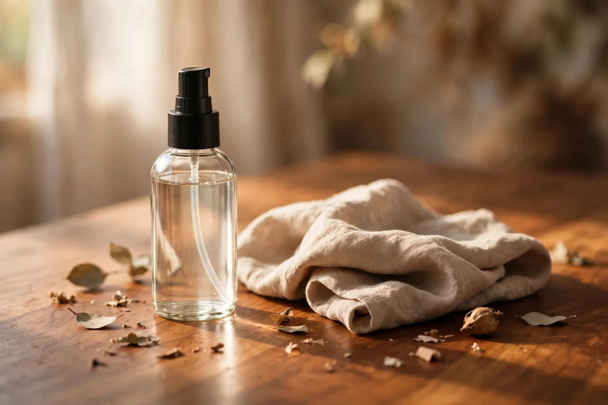 Furniture ring remover bottle with a soft cloth on wood