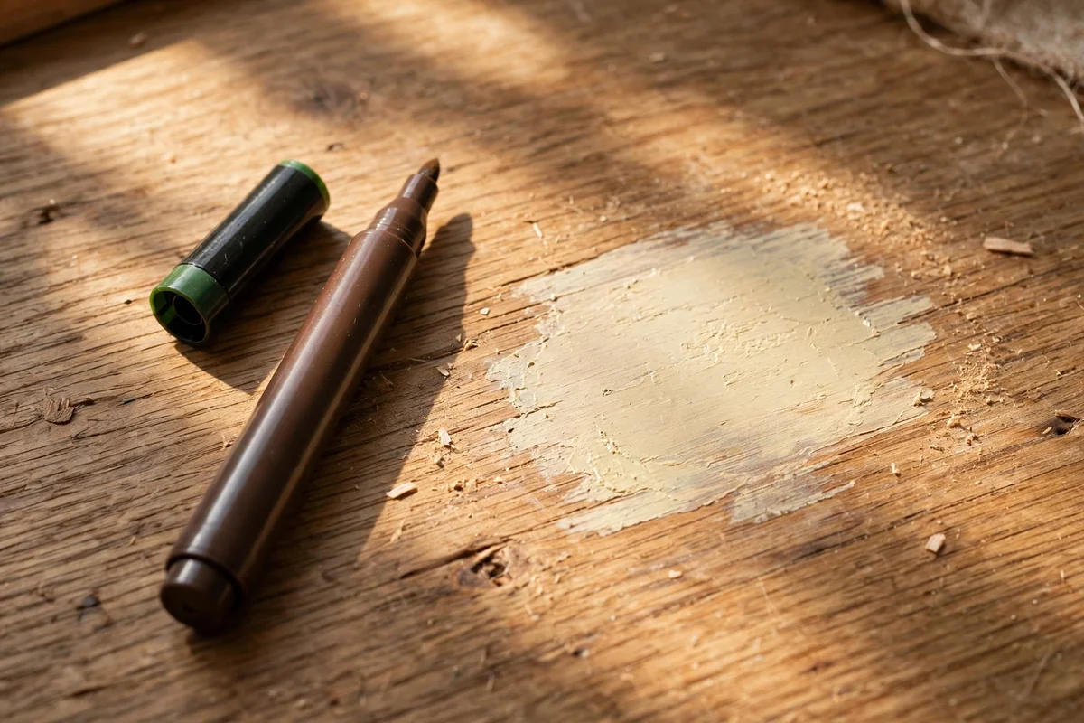 Touch-up marker beside a pale patch on a wooden tabletop