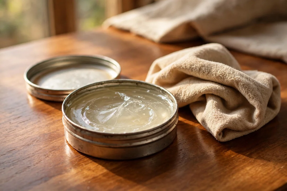 Open tin of paste wax with a buffing cloth on wood