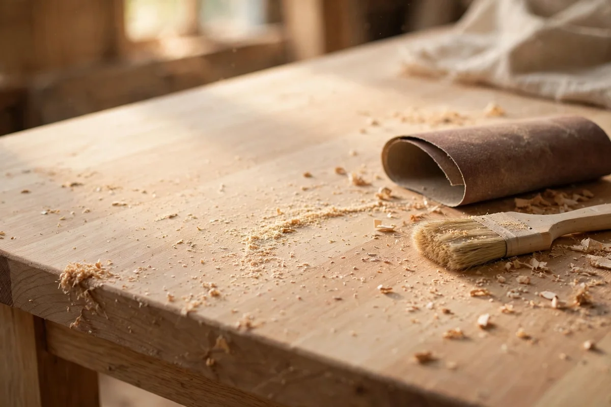 Sanded tabletop ready for refinishing with sandpaper nearby