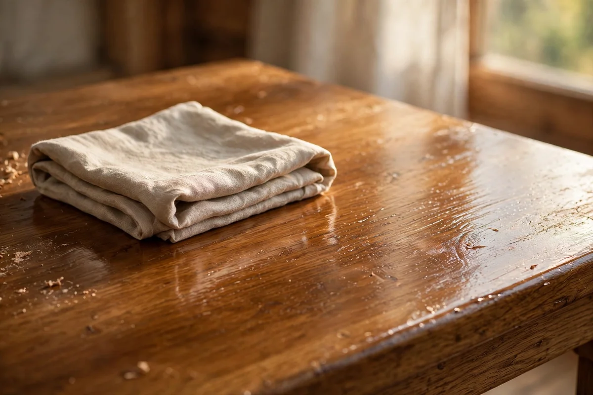 Dining table gleaming with fresh paste wax and a folded cloth