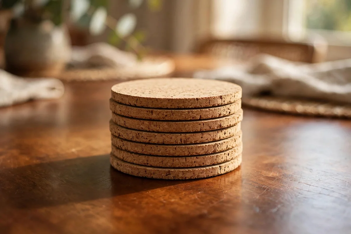 Stack of cork coasters on a polished wooden dining table
