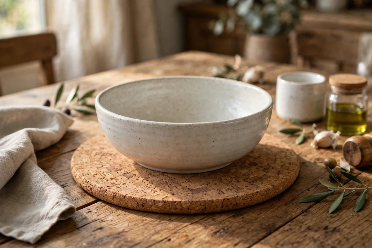 Cork trivet under a ceramic serving bowl on a wooden table