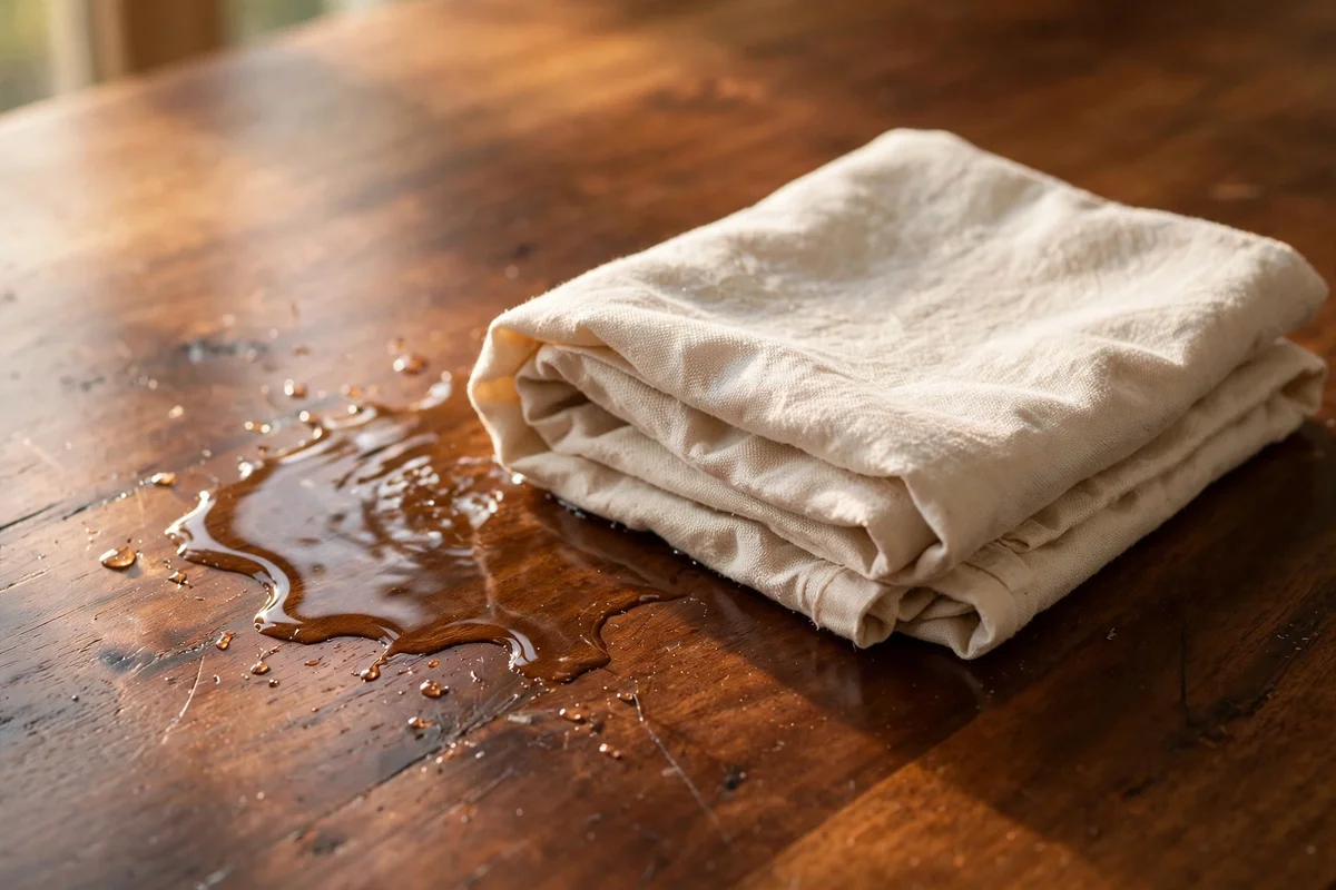 Folded cotton cloth beside a water spill on a wooden table