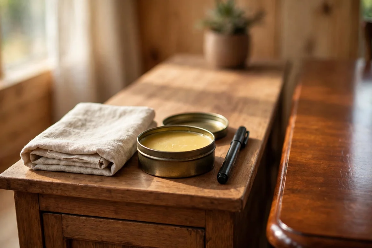 Wood care kit on a sideboard beside a polished table