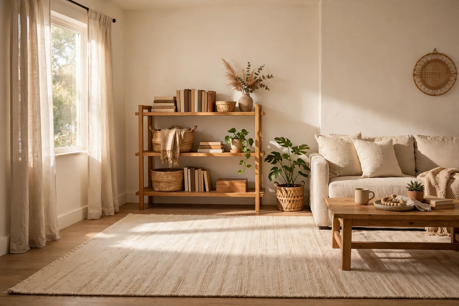 Bright rented living room with cream rug, linen curtains and a freestanding oak shelf unit