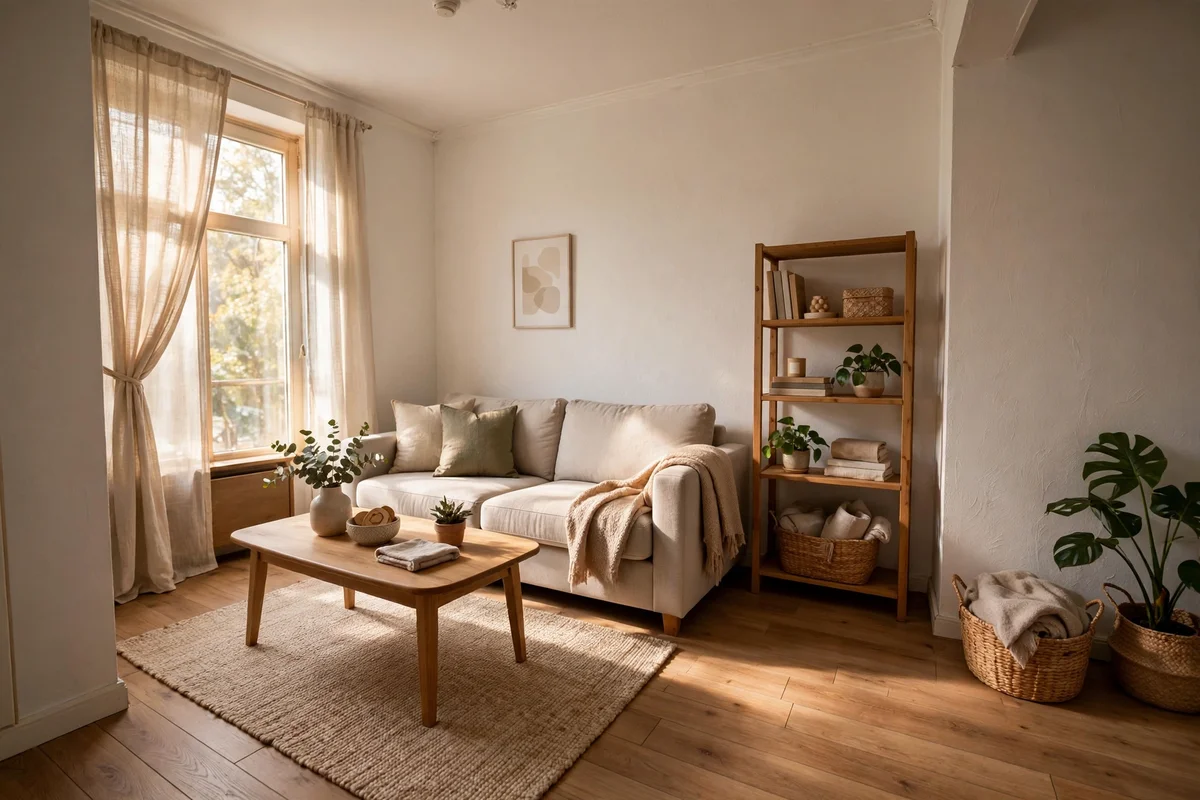 Rented living room walls and corners photographed in bright daylight