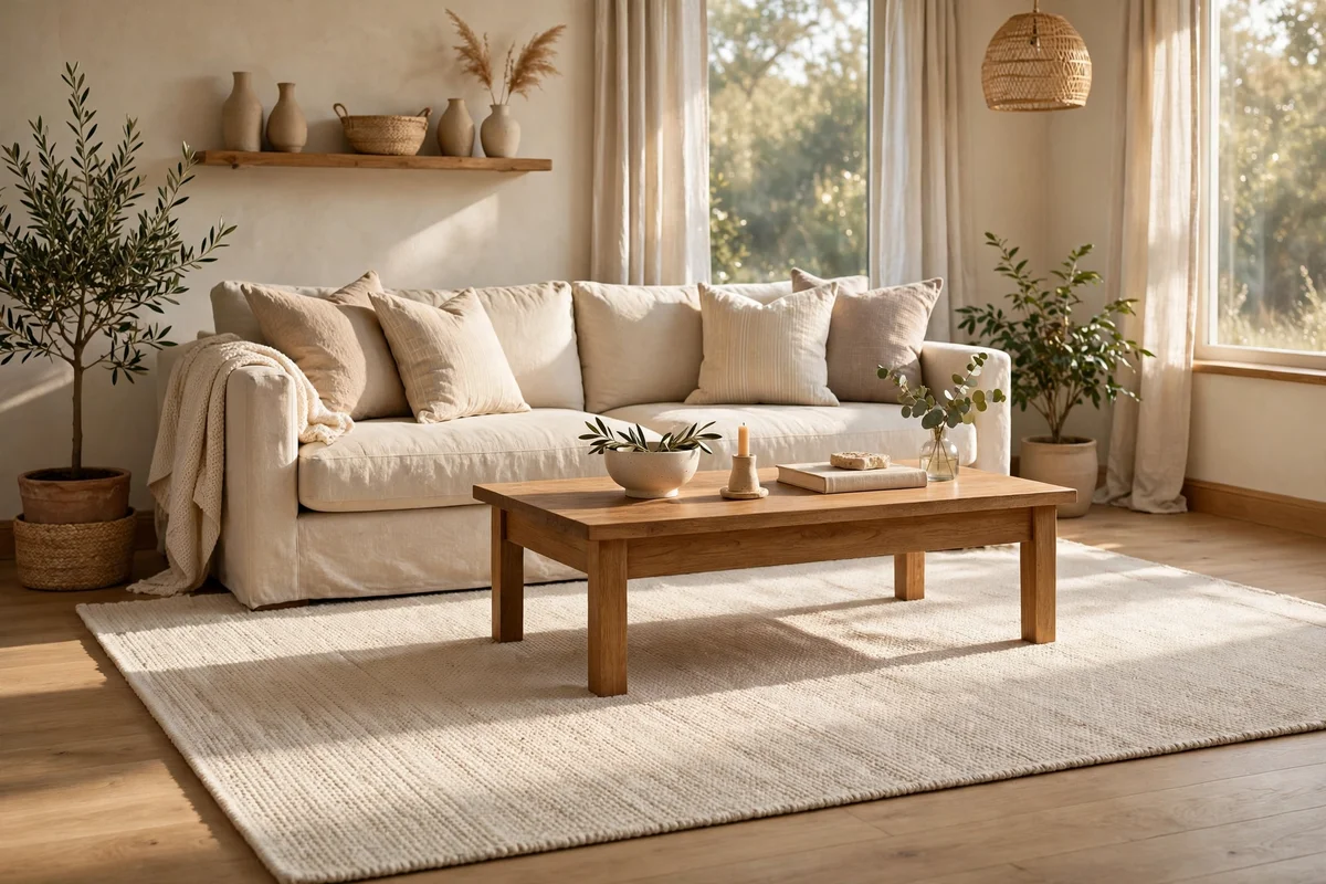 Large cream flatweave rug anchoring a sofa in a bright living room