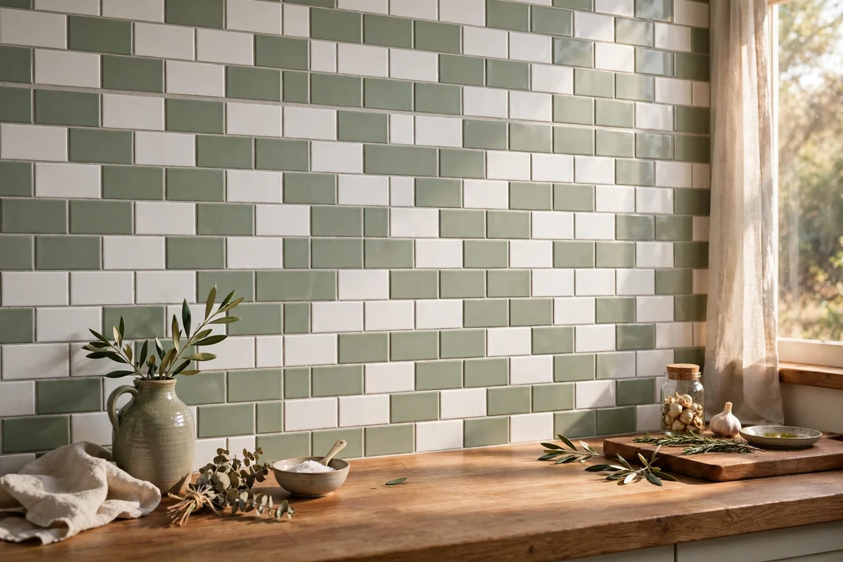 Kitchen splashback covered in peel and stick tiles above a wooden worktop