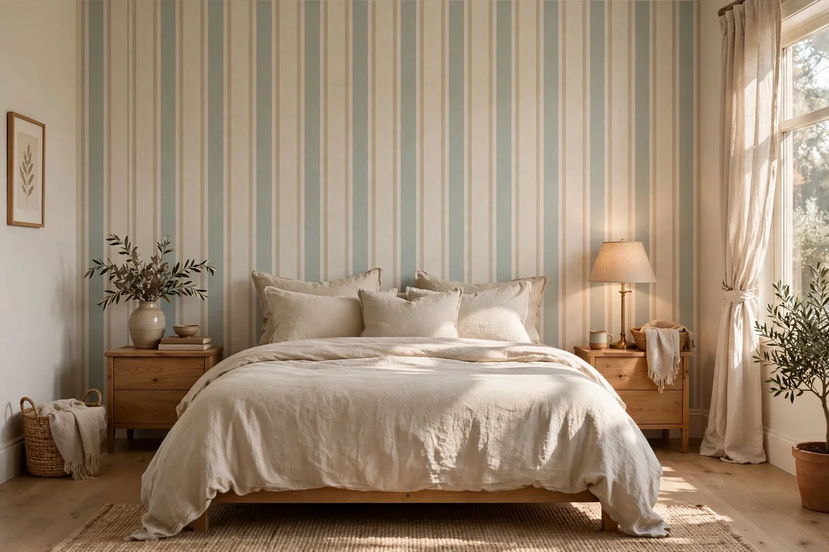 Bedroom accent wall in heritage stripe peel and stick wallpaper behind a bed