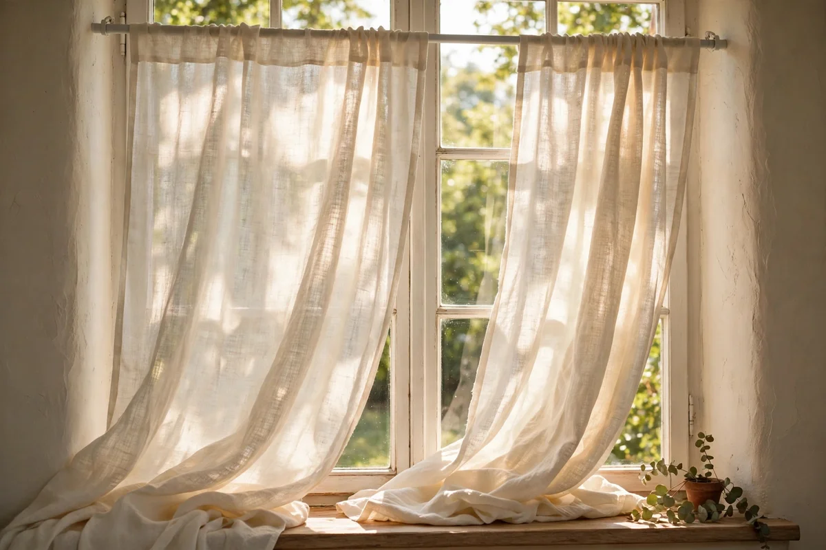 Window dressed with ivory linen curtains on a tension rod in sunlight