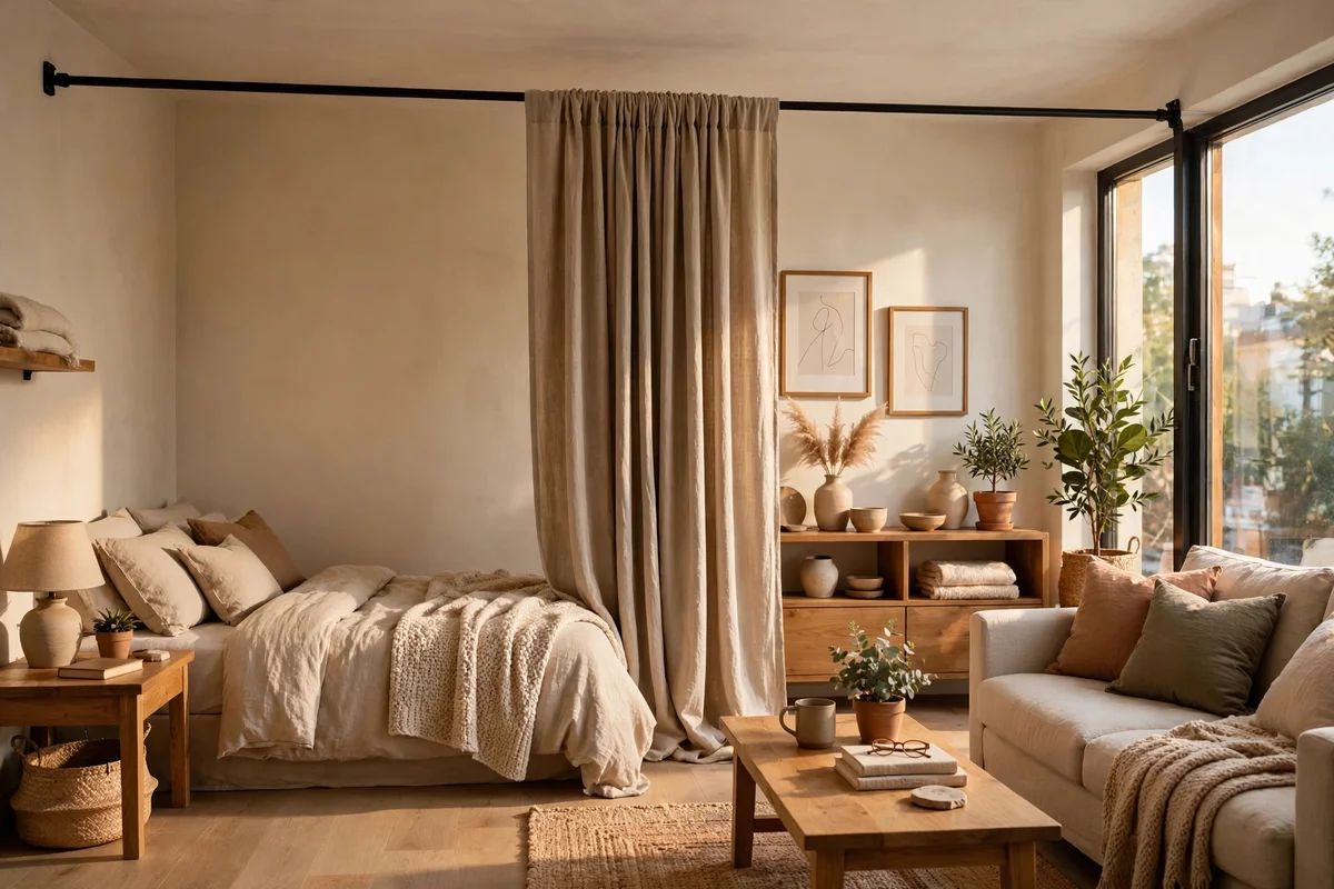 Tension rod curtain dividing a studio flat into sleeping and living zones