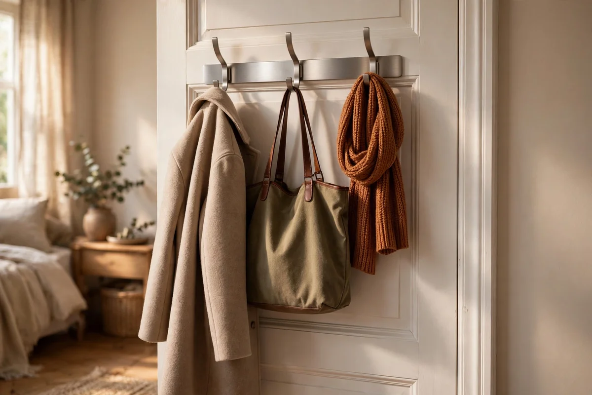 Over the door hook rack on a bedroom door holding a coat and bag