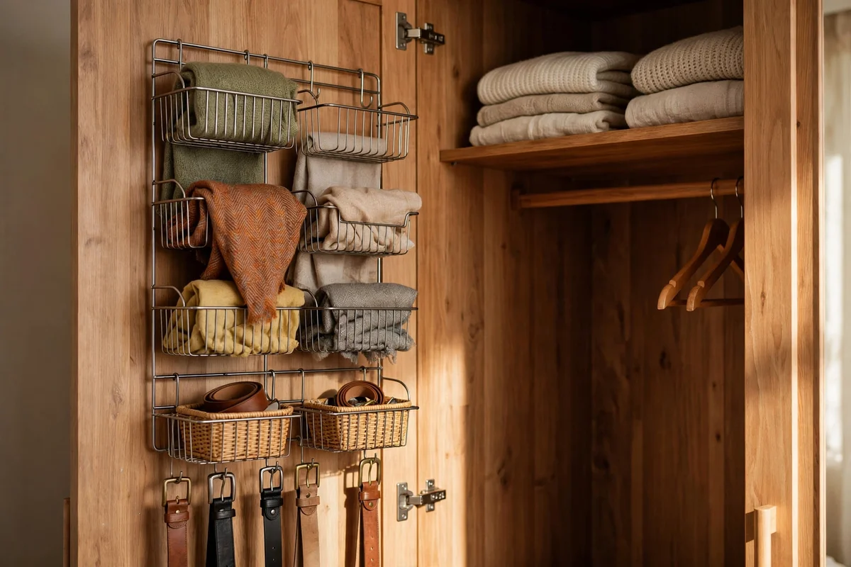 Over the door rack inside a wardrobe door holding scarves and belts