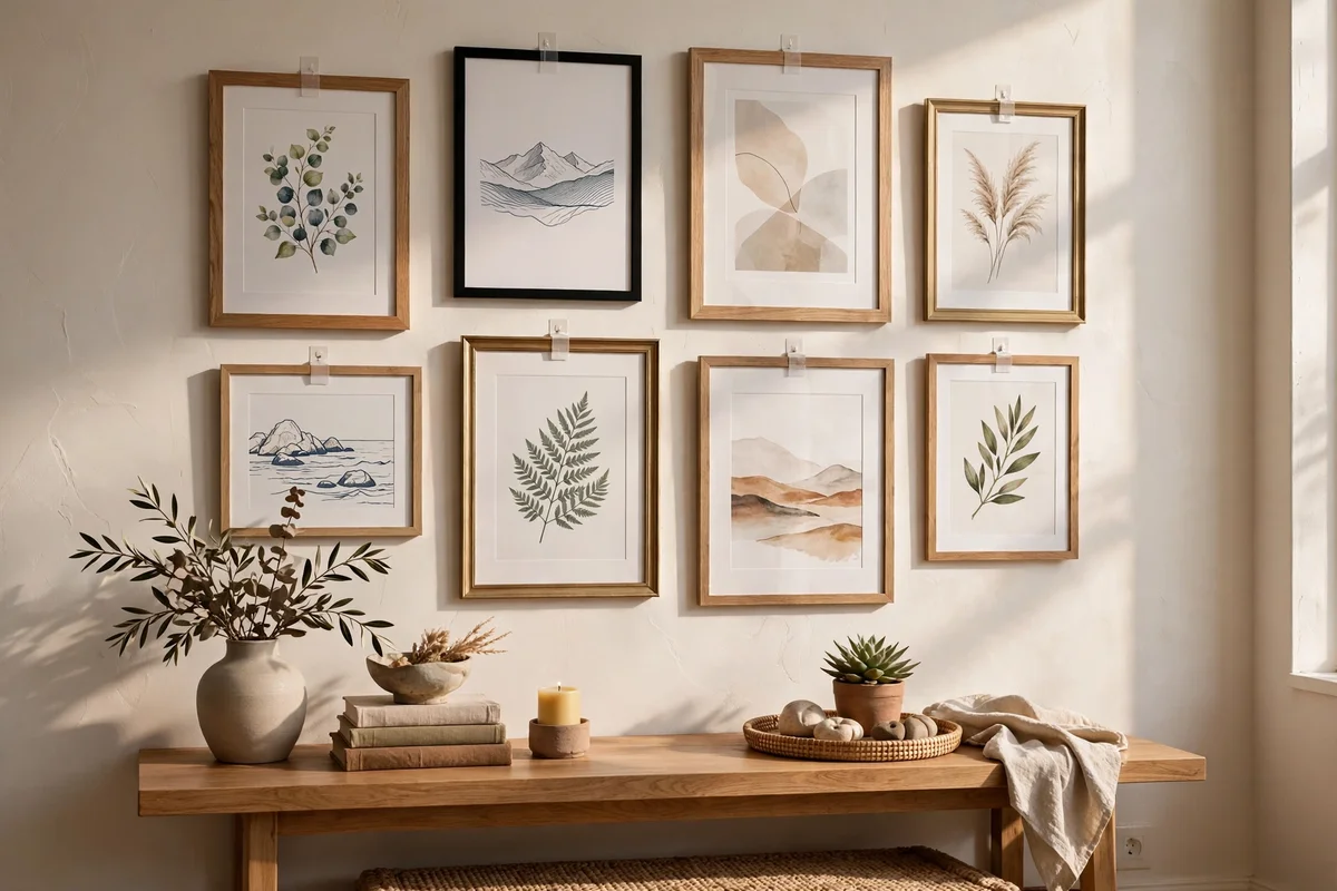 Gallery wall of framed prints hung with adhesive strips above a console