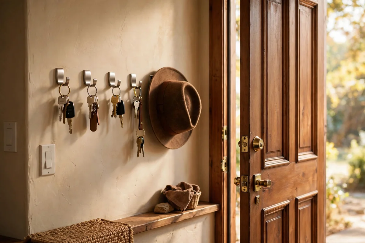 Entryway hooks holding keys and a hat beside a front door