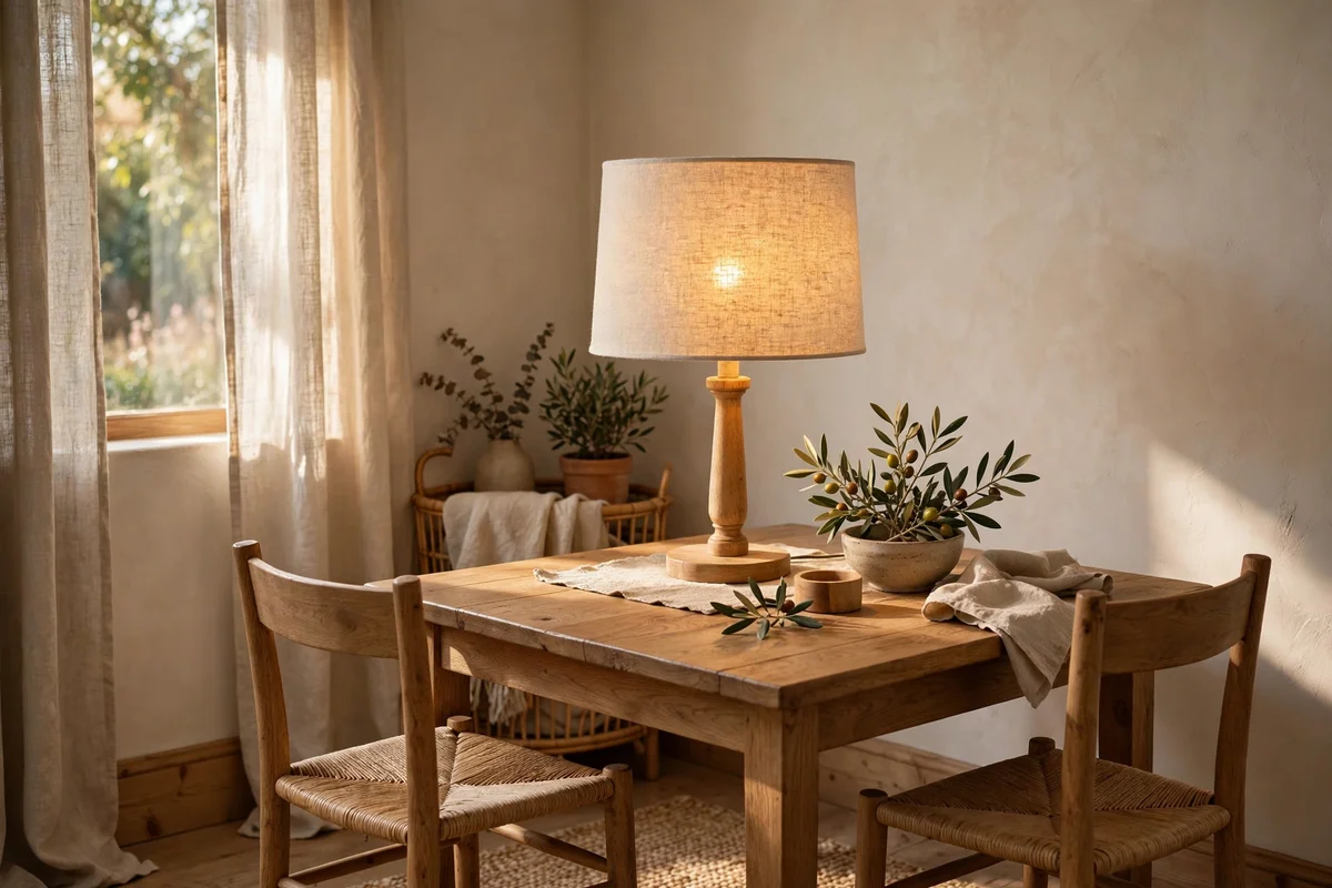 Table lamp with a natural linen drum shade glowing in a dining corner