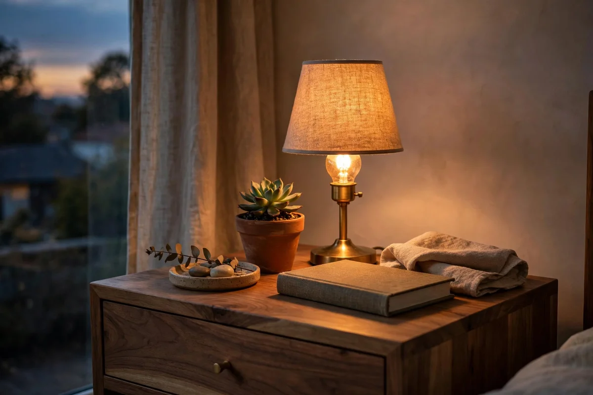 Bedside lamp glowing warm from a 2700K LED bulb at dusk