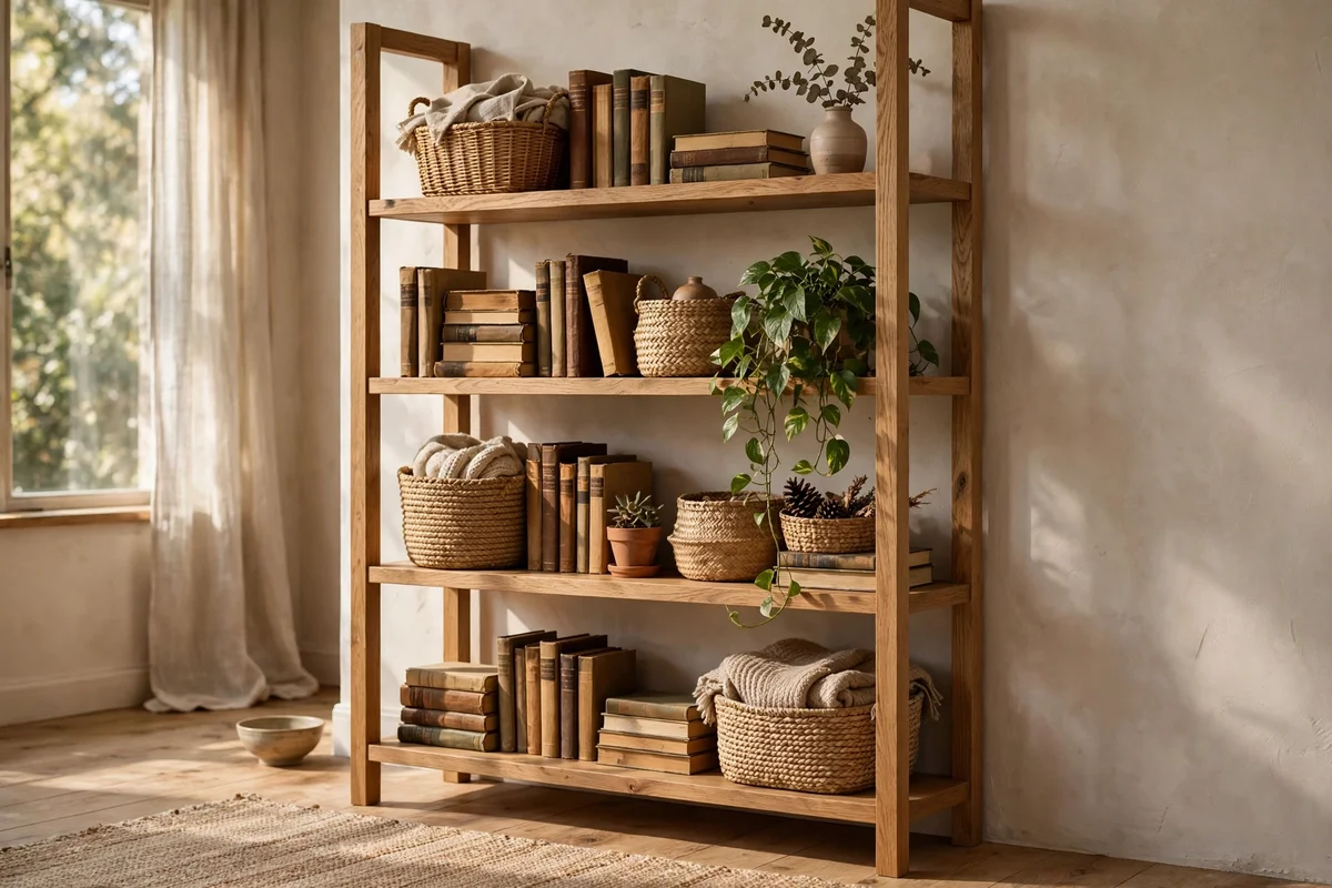 Freestanding oak shelf unit styled with books, baskets and a plant