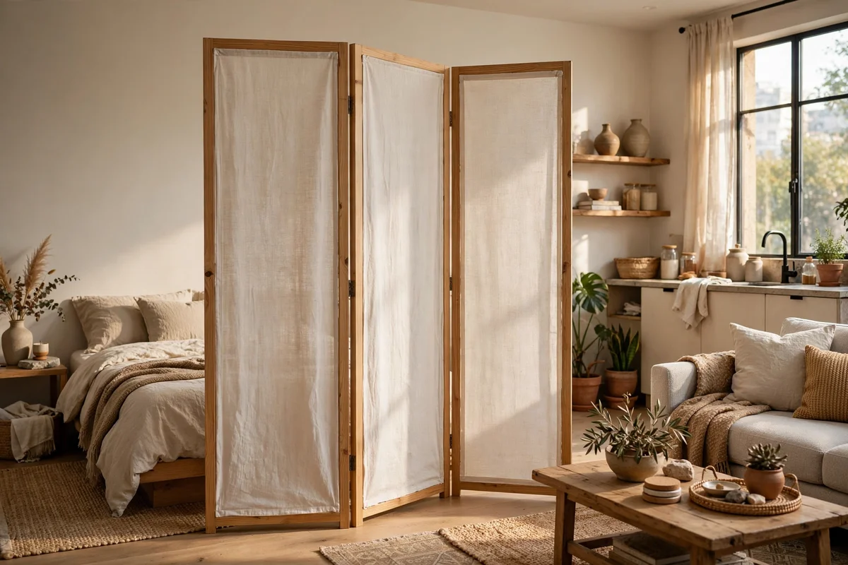Cotton folding screen separating the sleeping area in a studio flat