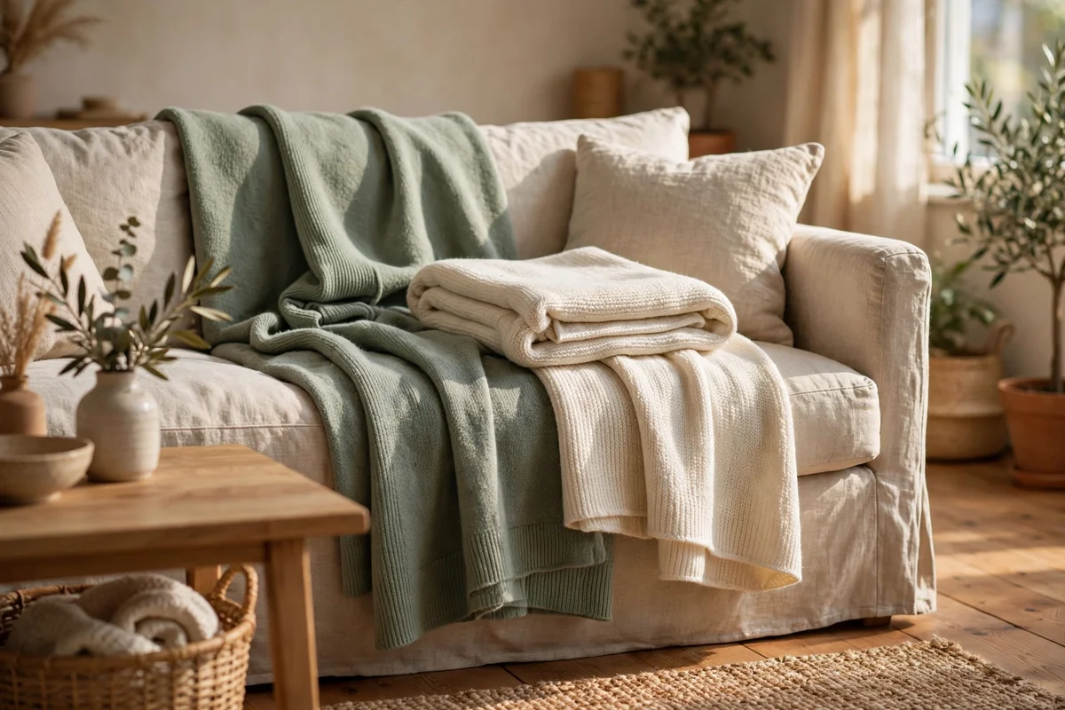 Sofa layered with sage and cream throw blankets
